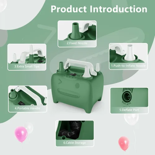 Miniatura 2 de OWill Balloon Pump Electric, Balloon Inflator Electric Air Pump, Portable Dual Nozzle Balloons Air Pump Electric 600W Blow Machine for Party Verde