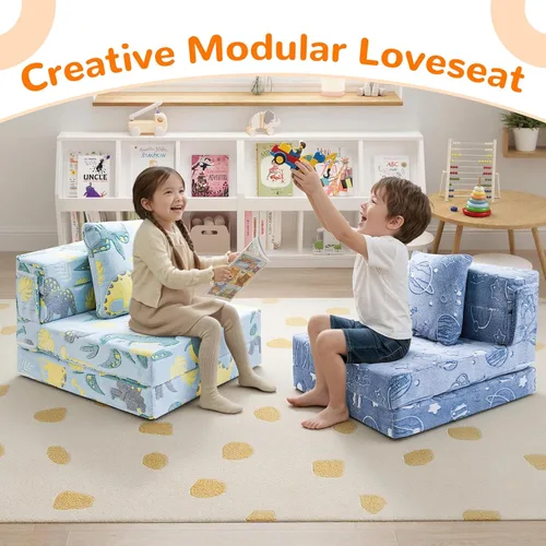 Miniatura 6 de MeMoreCool Glow Dinosaur - Sofá cama de tres pliegues para niños, colchón y silla de futón plegable, sofá convertible para sala de juegos Cielo Dino