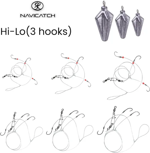 Miniatura 3 de Bagre, Scup (Porgy) y equipo de lubina – Kit de pesca de 3 ganchos Hi-Lo Bottom – Anzuelos japoneses atados a mano con línea PE – Agua salada y agua
