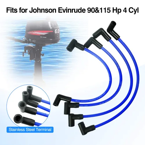 Miniatura 3 de Juego de 4 cables de bujía marina, se adapta a Johnson Evinrude 90 115 HP, motores fuera de borda OE repuesto 18-8839 9-28092, juego de cables