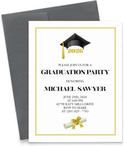 Modern Pink Paper Invitaciones para fiesta de graduación con gorra y diploma 2025, invitaciones personalizadas para fiesta de graduación con borde