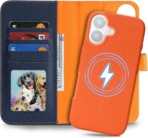 Miniatura 9 de Funda desmontable de piel auténtica para iPhone 13/14, funda magnética 2 en 1 extraíble, soporte de carga MagSafe, función de soporte para tarjetas