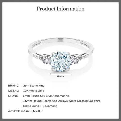 Miniatura 6 de Gem Stone King Anillo de compromiso redondo de oro blanco de 10 quilates con zafiro blanco creado aguamarina y blanco para mujer