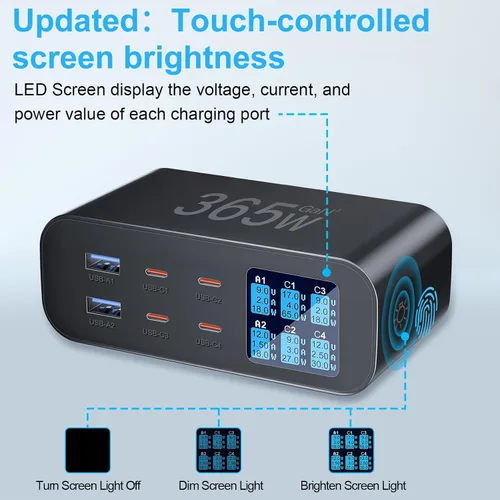 Miniatura 2 de Cargador USB C de 6 puertos con pantalla LED de brillo ajustable, estación de carga USB, cargador rápido multipuerto PD 100 W 65 W QC 3.0 compatible