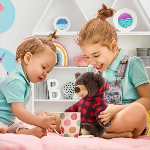 Miniatura 5 de DolliBu Oso marrón de felpa con capucha a cuadros rojos, oso suave y abrazable, adorable peluche de oso marrón del zoológico, bonito regalo