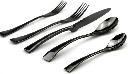 Miniatura 2 de JASHII Juego de cubiertos de acero inoxidable 18/10 de 20 piezas, color negro pulido con espejo, cuchillo de cena, tenedor de ensalada, cuchara