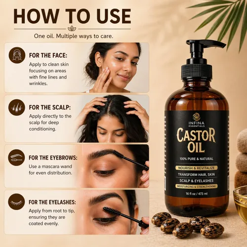 Miniatura 4 de INFINA ESSENTIALS Aceite de ricino puro prensado en frío, sin hexano, botella de vidrio para el crecimiento del cabello, cara, cuero cabelludo, piel