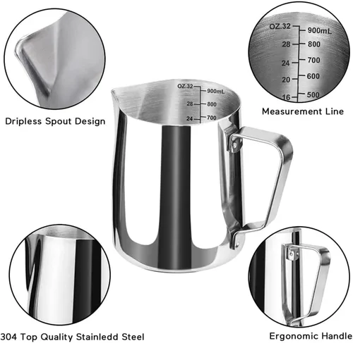 Miniatura 2 de Jarra de espuma de leche de 32 onzas, taza de café con leche de café expreso, taza para vaporizar, taza espumadora de leche, accesorios para máquina