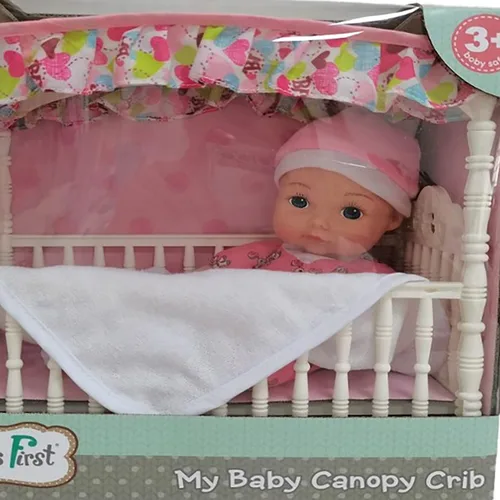 Miniatura 5 de Baby's First Cuna afroamericana con dosel con muñeca de cuerpo suave de 9 pulgadas y manta de bebé, segura para niños de 3 años en adelante