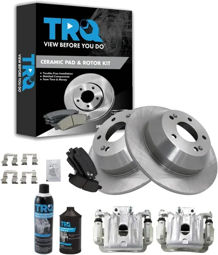 TRQ Kit de pastillas de freno trasero y rotor, pinza de freno, kit químico pastillas de freno Rotor de freno de cerámica compatible con Hyundai