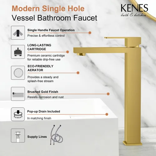 Miniatura 3 de KENES Grifo de Baño Alto de Oro Cepillado, Grifo de Lavabo de Una Sola Manija para Lavabo de Recipiente, Grifo de Baño de Tocador Dorado con Líneas
