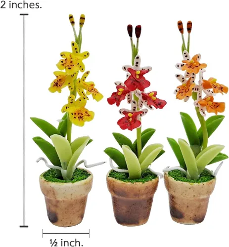 Miniatura 2 de WitnyStore Juego de 3 piezas pequeñas de 2 pulgadas de alto, orquídea amarilla, roja y naranja - Flores artificiales hechas a mano, coloridas