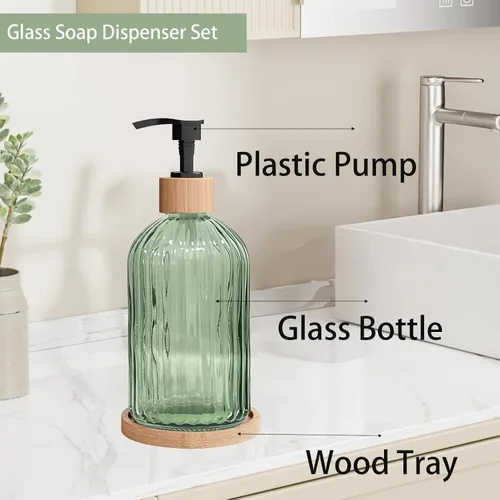 Miniatura 4 de Green Glass Soap Dispenser with with Bamboo Pumps & Tray, 140z Hand and Dish Soap Dispenser Bathroom Set, Vertical Stripe Bathroom Lotion Dispenser