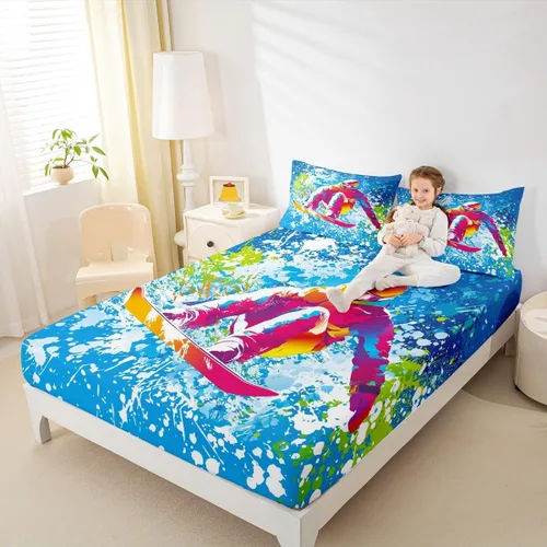 Miniatura 3 de Juego de ropa de cama de esquí, tamaño individual, con dibujos animados, esquí, esquí, snowboard, sábana bajera ajustable de 2 piezas con estampado