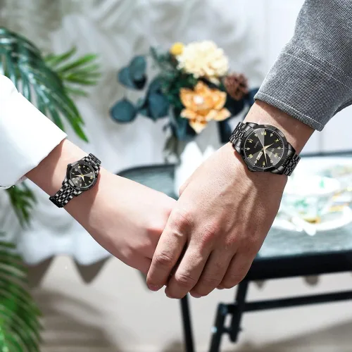 Miniatura 35 de OLEVS Juego de 2 relojes de cuarzo para parejas de San Valentín, calendario luminoso, ventana de fecha, 3 ATM, impermeable, casual, acero