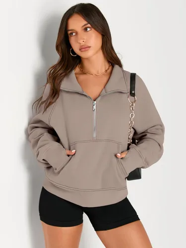 Miniatura 3 de AUTOMET Sudaderas con media cremallera para mujer, sudadera corta de vellón con cremallera de un cuarto, sudaderas con capucha para el otoño, a