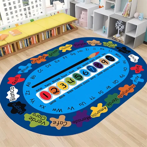 Miniatura 16 de Tapete de aprendizaje educativo para niños, 3 x 4 pies, tapete decorativo con diseño de planeta y alfabeto ABC, ovalado, grande, antideslizante