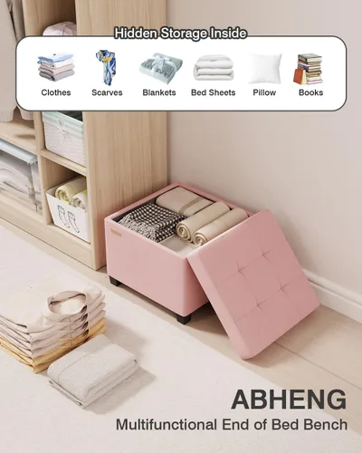 Miniatura 5 de ABHENG Cubo otomano de terciopelo de 17.7 pulgadas con patas, taburete otomano cuadrado de almacenamiento con marco de metal, soporta 770 libras