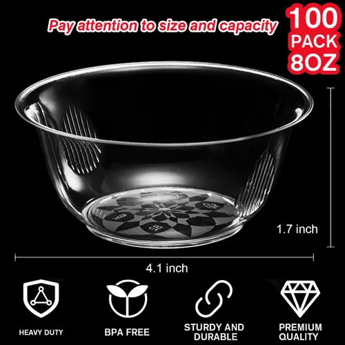 Miniatura 3 de MOACOCK Paquete de 100 cuencos pequeños de plástico transparente, cuencos de ensalada desechables duros de 8 onzas, cuencos desechables para servir