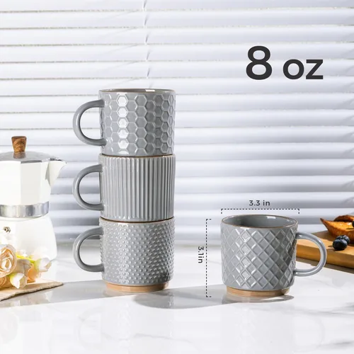 Miniatura 2 de GBhome Juego de 4 tazas de café apilables de 8 onzas, tazas de café de cerámica con patrones de textura para hombre, mujer, papá, mamá, tazas de Gris