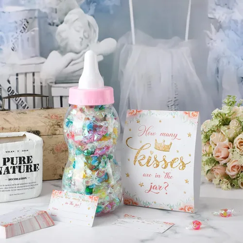 Miniatura 6 de Fuutreo 52 piezas de Baby Shower Game Guess How Many Kisses Favors Incluye un biberón grande de pie con 50 tarjetas pequeñas, decoraciones florales