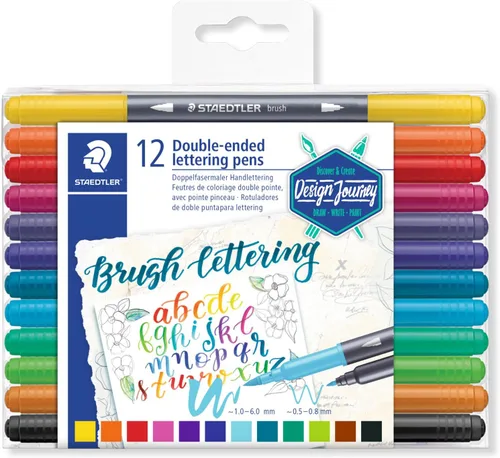 Staedtler 3004TB12A6 - Brocha de doble punta para rotulador, letras creativas, punta flexible y fina, tinta mezclable, juego de 12 colores surtidos,