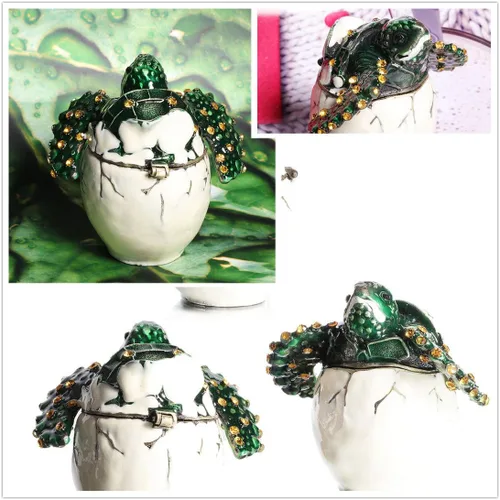 Miniatura 3 de Waltz&F Figuras coleccionables de tortuga que incuban la tortuga bebé de un huevo, caja de joyería de metal para incubar huevos