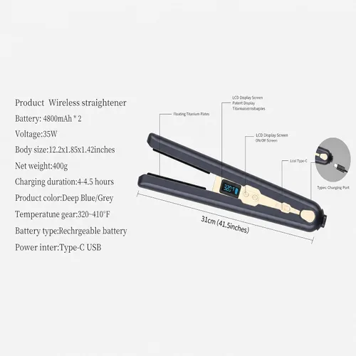 Miniatura 3 de Plancha de pelo inalámbrica y rizadores con placa de cerámica de grado de diamante, iones negativos, plancha plana que reduce el encrespamiento, más