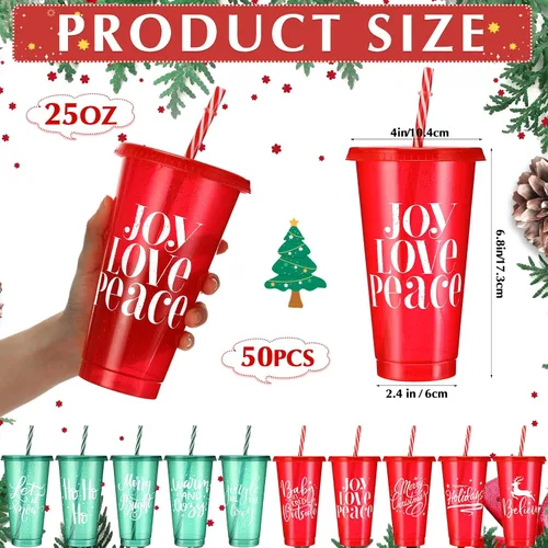Miniatura 2 de Tioncy 50 vasos de plástico de Navidad con tapas y popote a granel, vasos de plástico de Navidad reutilizables de 25 onzas, tazas de Navidad