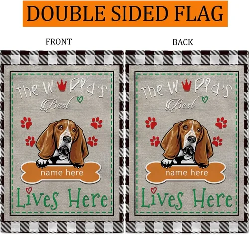Miniatura 5 de The World's Best Dog Garden Flag Saint Bernard Dog Lives Here Bone Paw Buffalo Plaid Check 12.5x18 pulgadas Decoración exterior de patio de doble
