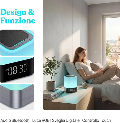 Miniatura 4 de Gallstep Luces nocturnas Altavoz Bluetooth, despertador, altavoces Bluetooth, sensor táctil, lámpara de noche regulable multicolor cambiante