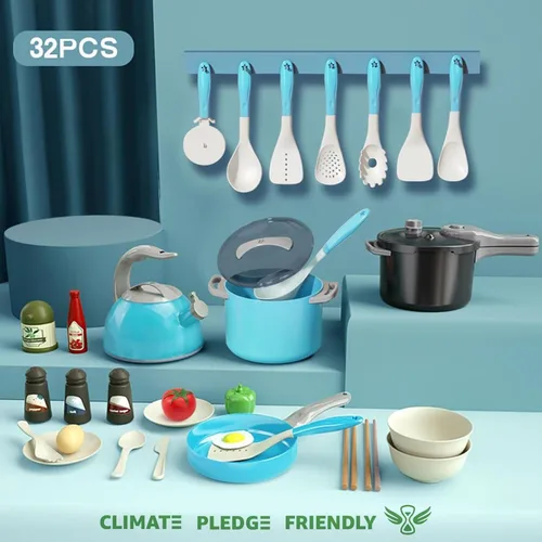 Miniatura 2 de Bruvoalon Juego de 32 piezas de juguetes de cocina para niños, juego de cocina para niños pequeños con ollas, sartenes, utensilios de cocina