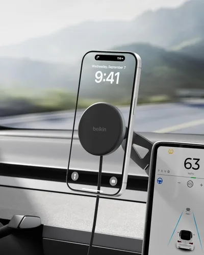 Belkin Soporte de teléfono Tesla, soporte magnético inalámbrico para automóvil para vehículos eléctricos (imán fuerte) con cable USB C de 3.3 pies,