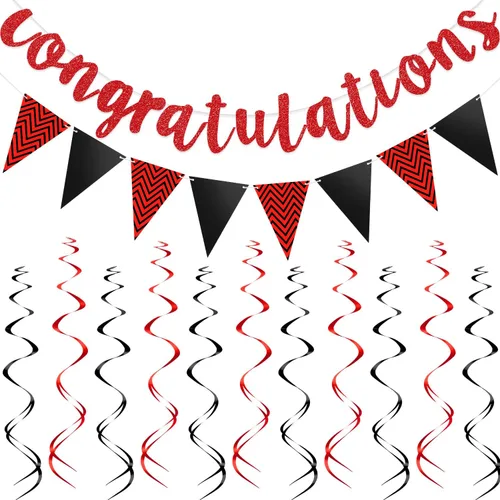 Miniatura 10 de Outus Pancarta de felicitaciones con purpurina preencordada con 12 espirales colgantes para bodas, jubilaciones, graduaciones, aniversarios, Dorado