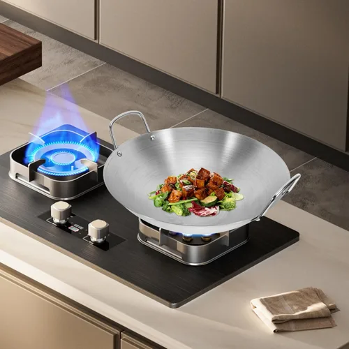 Miniatura 5 de STOBAZA Olla de cocina Sartén de acero inoxidable Sartén de acero Wok de fondo plano para cocinar herramienta de cocina multifunción