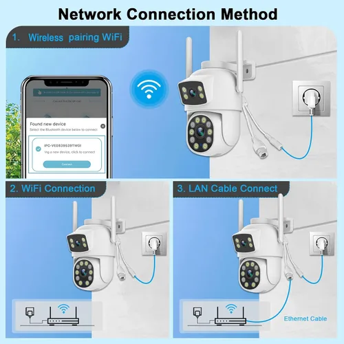 Miniatura 7 de Cámara de seguridad para exteriores de doble lente 2K, panorámica/inclinación de 360°, cámaras de enlace inalámbrico WiFi 2.4G para seguridad