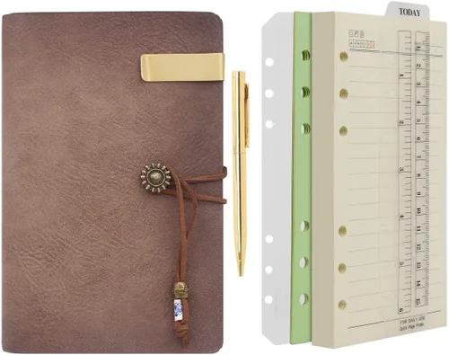 Miniatura 10 de Wonderpool - Diario de piel con papel rayado y bolígrafo, rellenable, cuaderno de espiral con 6 anillas, con libretas pautadas, cubierta vintage