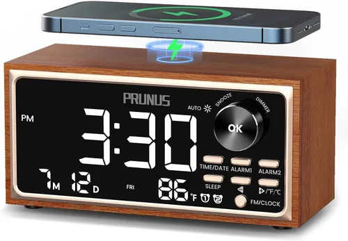 PRUNUS J-177 Radio Reloj Despertador Retro Vintage con Carga Inalámbrica Rápida, Alarmas Duales, Repetición, Pantalla LED Grande, Control de