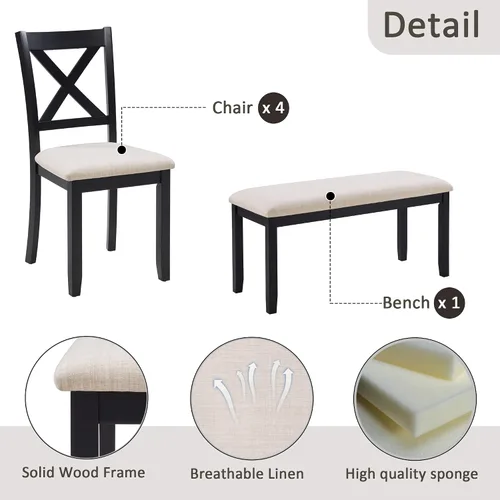 Miniatura 4 de Bellemave Juego de mesa de comedor de 6 piezas para 6 mesas de cocina rectangulares con 4 sillas de comedor y banco, juego de comedor para 6