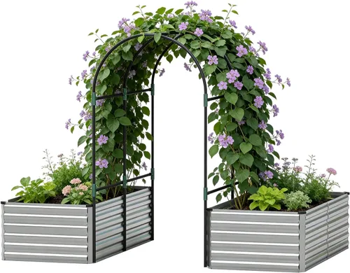 Miniatura 20 de Cama de jardín elevada con enrejado de arco para plantas trepadoras, cama de jardín elevada galvanizada, jardineras al aire libre para verduras