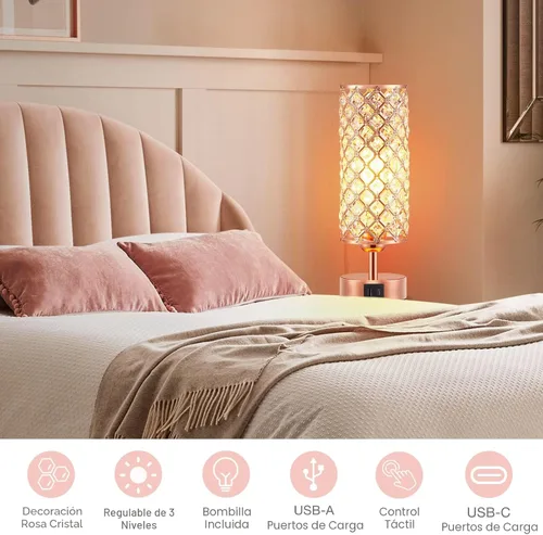 Miniatura 7 de Lámpara de mesa de cristal Hong-in - Control táctil regulable en 3 vías, lámpara de cabecera de oro rosa con puertos USB C y A, luz de mesita