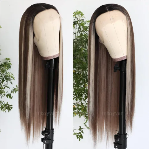 Miniatura 16 de Missyvan Pelucas de encaje frontal de cabello largo y lacio, color marrón natural, sin pegamento, castaño y rubio, pelucas sintéticas con encaje