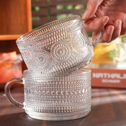 Miniatura 8 de Juego de 4 tazas de café de vidrio vintage, tazas de café de vidrio en relieve de 14 onzas para cereales, yogur, latte, tazas de desayuno