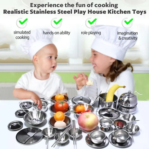 Miniatura 3 de Juego de juguetes de cocina de tamaño mini para niños, accesorios con utensilios de cocina de acero inoxidable, juego de ollas y sartenes de acero