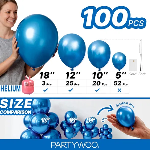 Miniatura 6 de PartyWoo Globos de color azul metálico, 100 unidades de diferentes tamaños de 18, 12, 10, 5 pulgadas, globos de látex azul cromado para graduación