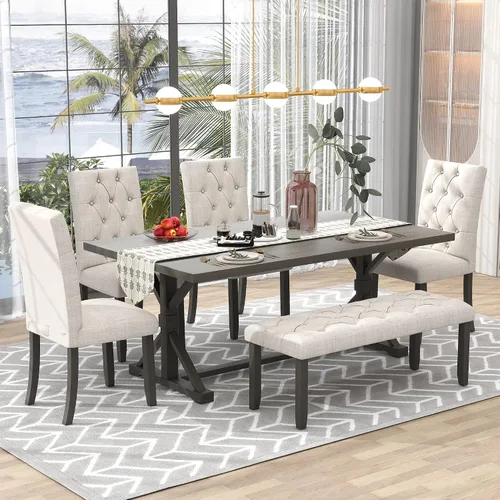 Miniatura 18 de Juego de mesa de comedor de madera de 7 piezas, mesa extensible multifuncional con hojas de 12 pulgadas y 2 cajones, 6 sillas de comedor con cojín