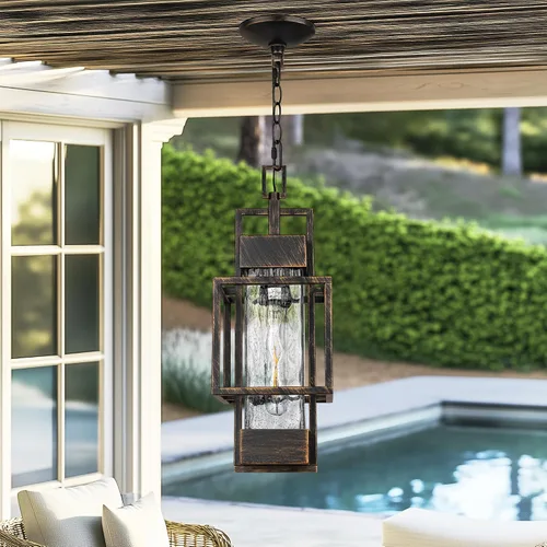 Miniatura 5 de Lámpara colgante de 15 pulgadas para interiores y exteriores, moderna lámpara de araña de metal negro para exteriores, lámpara de techo con vidrio