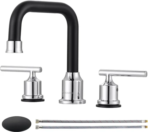 WOWOW Grifo de lavabo de baño negro y cromado, grifo de baño extendido de 3 orificios para tocador de 8 pulgadas con ensamblaje de desagüe emergente