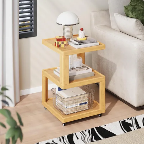 ZIYOO Mesa auxiliar móvil de madera maciza de 3 niveles con ruedas, mesita de noche de madera, organizador de almacenamiento de diseño flotante