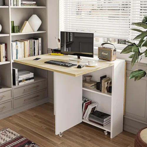 Miniatura 3 de Mesa de comedor plegable Tiptiper con 6 ruedas, mesa de comedor de hojas abatibles con estantes de almacenamiento, mesa de cocina plegable